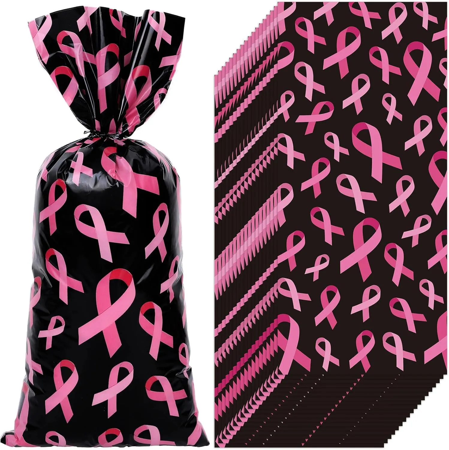 Whaline 150Pcs Breast Cancer Support Cellophane Gift Bags with 200Pcs Twist Ties Black Pink Ribbon Pattern Party Favor Bags Plastic Treat Candy Goodie Bags for Women Breast Cancer Awareness