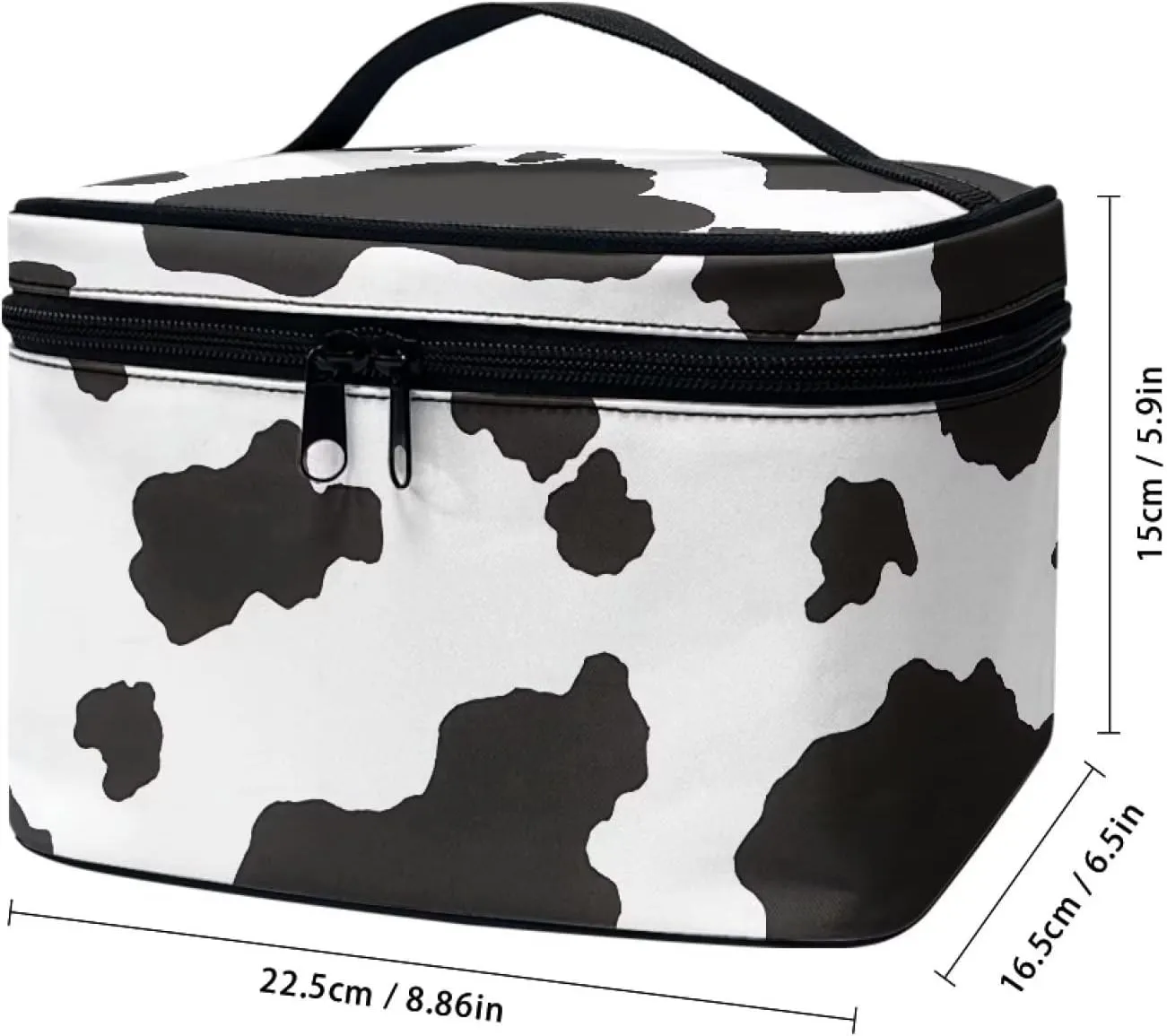 White Black Cow Cowhide Cute Print Portable Makeup Bags for Women Large Capacity Cosmetic Organizer and Storage Pouch with Zipper and Handle Travel Toiletry Accessories