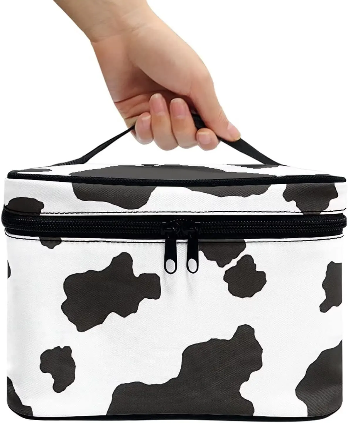 White Black Cow Cowhide Cute Print Portable Makeup Bags for Women Large Capacity Cosmetic Organizer and Storage Pouch with Zipper and Handle Travel Toiletry Accessories