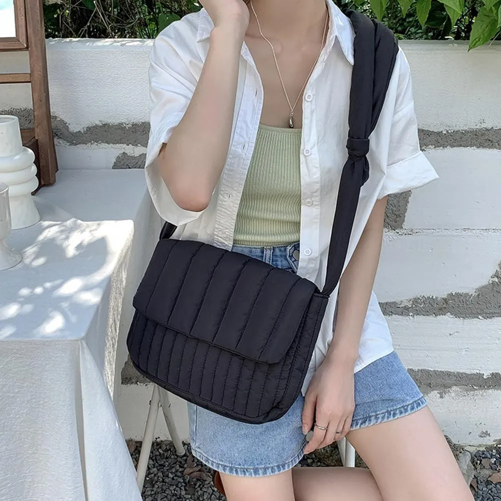 Wide Strap Quilted Crossbody Bag Casual Trendy Satchel Bag Winter Shopping Bag Women Padded Shoulder Bag