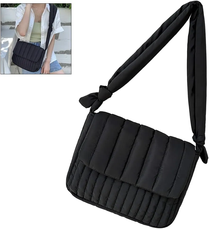 Wide Strap Quilted Crossbody Bag Casual Trendy Satchel Bag Winter Shopping Bag Women Padded Shoulder Bag