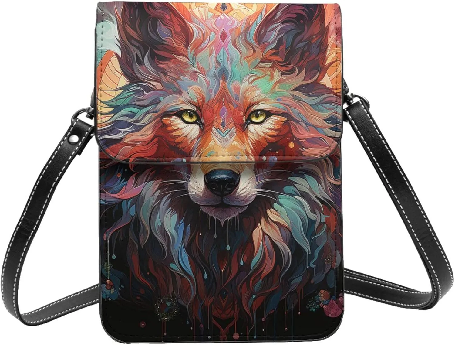 Wolf Boho Moon Phase Space Cool Leather Small Crossbody Bags for Women Cell Phone Bag Wallet Purses with Adjustable Strap