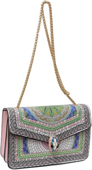 Women Crossbody Chain Purse with Snake Head Decor Square Satchel Handbag, Color-block PU Leather Shoulder Bag Underarm Bag