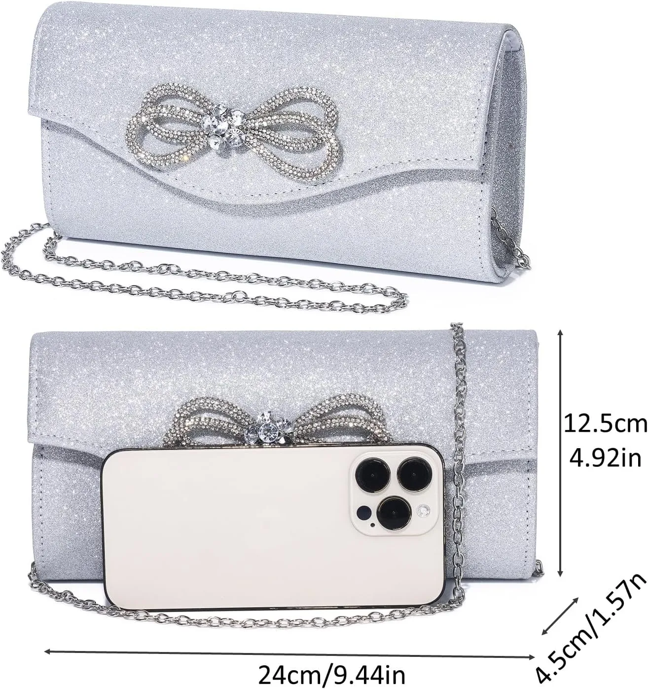 Women Evening Handbag Shiny Crystal Bow Flap Clutch Purse for Women Wedding Party Prom Purse