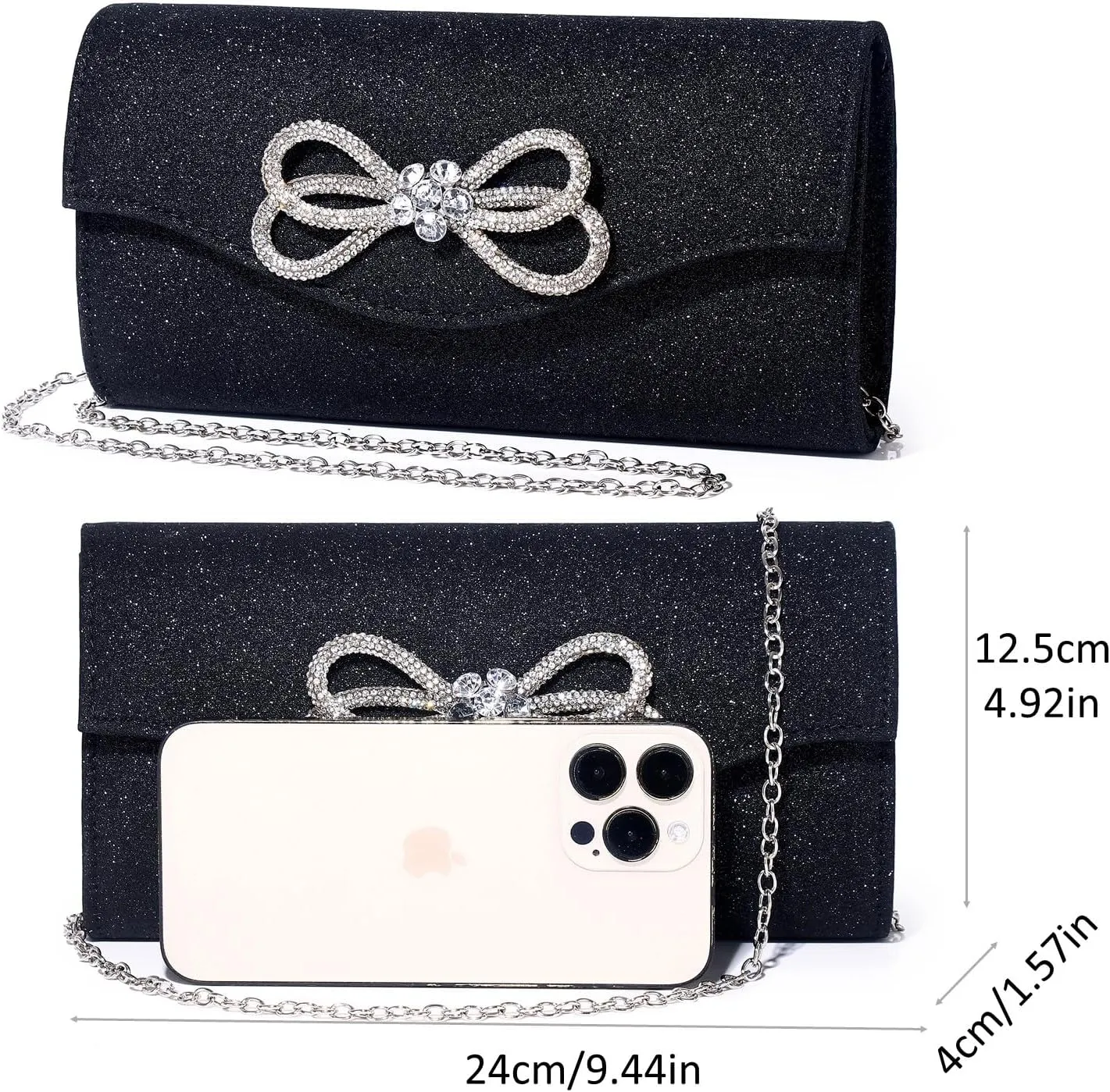 Women Evening Handbag Shiny Crystal Bow Flap Clutch Purse for Women Wedding Party Prom Purse