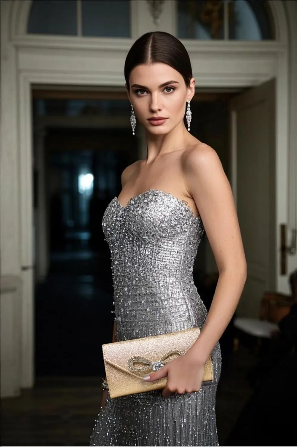 Women Evening Handbag Shiny Crystal Bow Flap Clutch Purse for Women Wedding Party Prom Purse