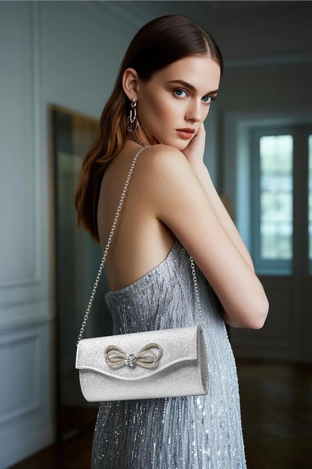 Women Evening Handbag Shiny Crystal Bow Flap Clutch Purse for Women Wedding Party Prom Purse