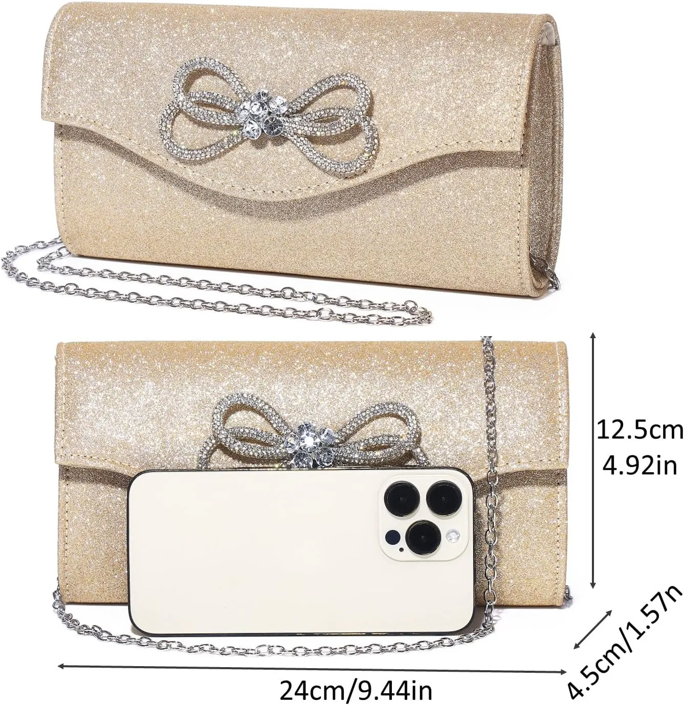 Women Evening Handbag Shiny Crystal Bow Flap Clutch Purse for Women Wedding Party Prom Purse