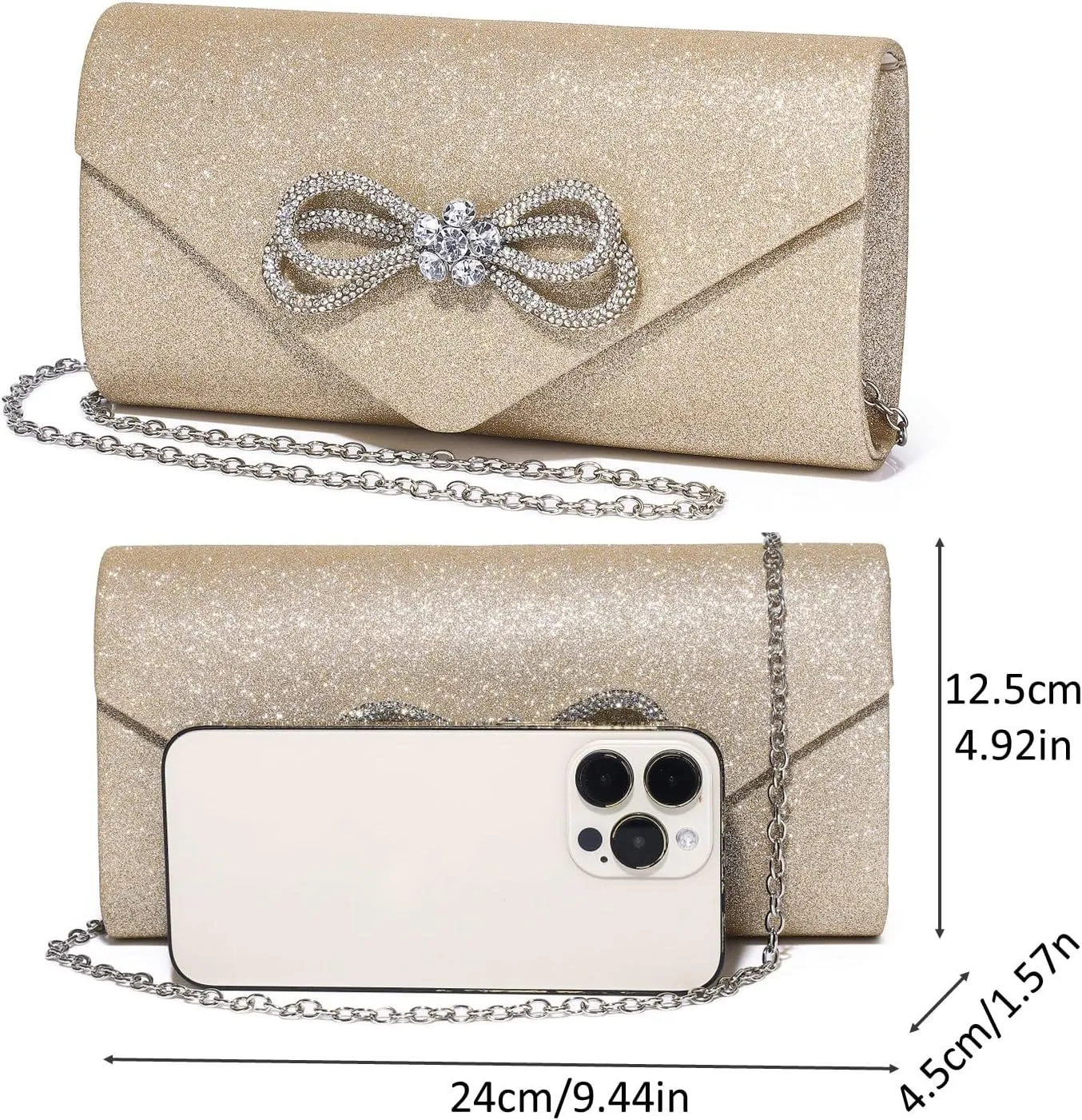 Women Evening Handbag Shiny Crystal Bow Flap Clutch Purse for Women Wedding Party Prom Purse