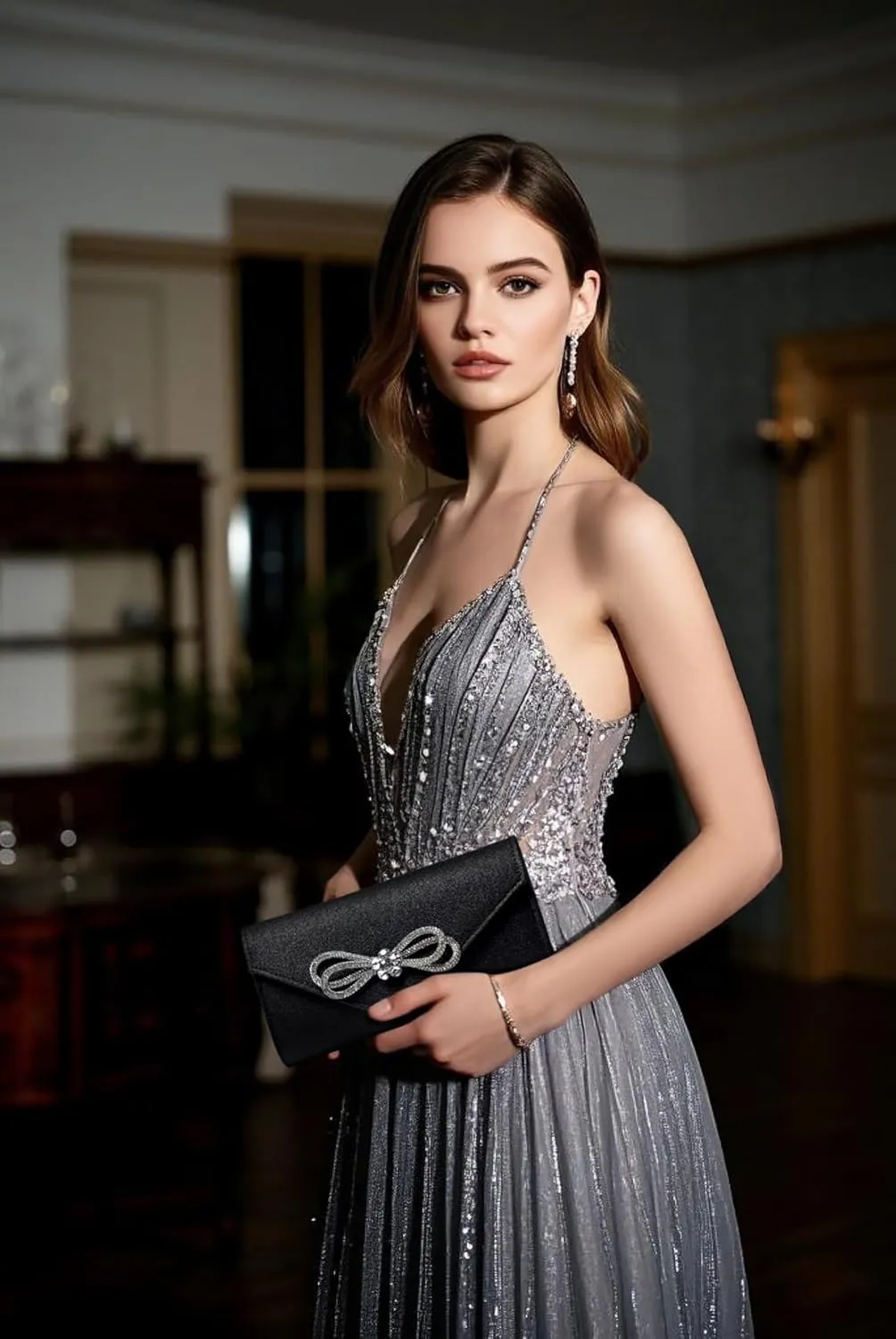 Women Evening Handbag Shiny Crystal Bow Flap Clutch Purse for Women Wedding Party Prom Purse