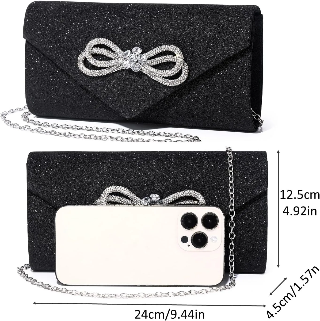Women Evening Handbag Shiny Crystal Bow Flap Clutch Purse for Women Wedding Party Prom Purse