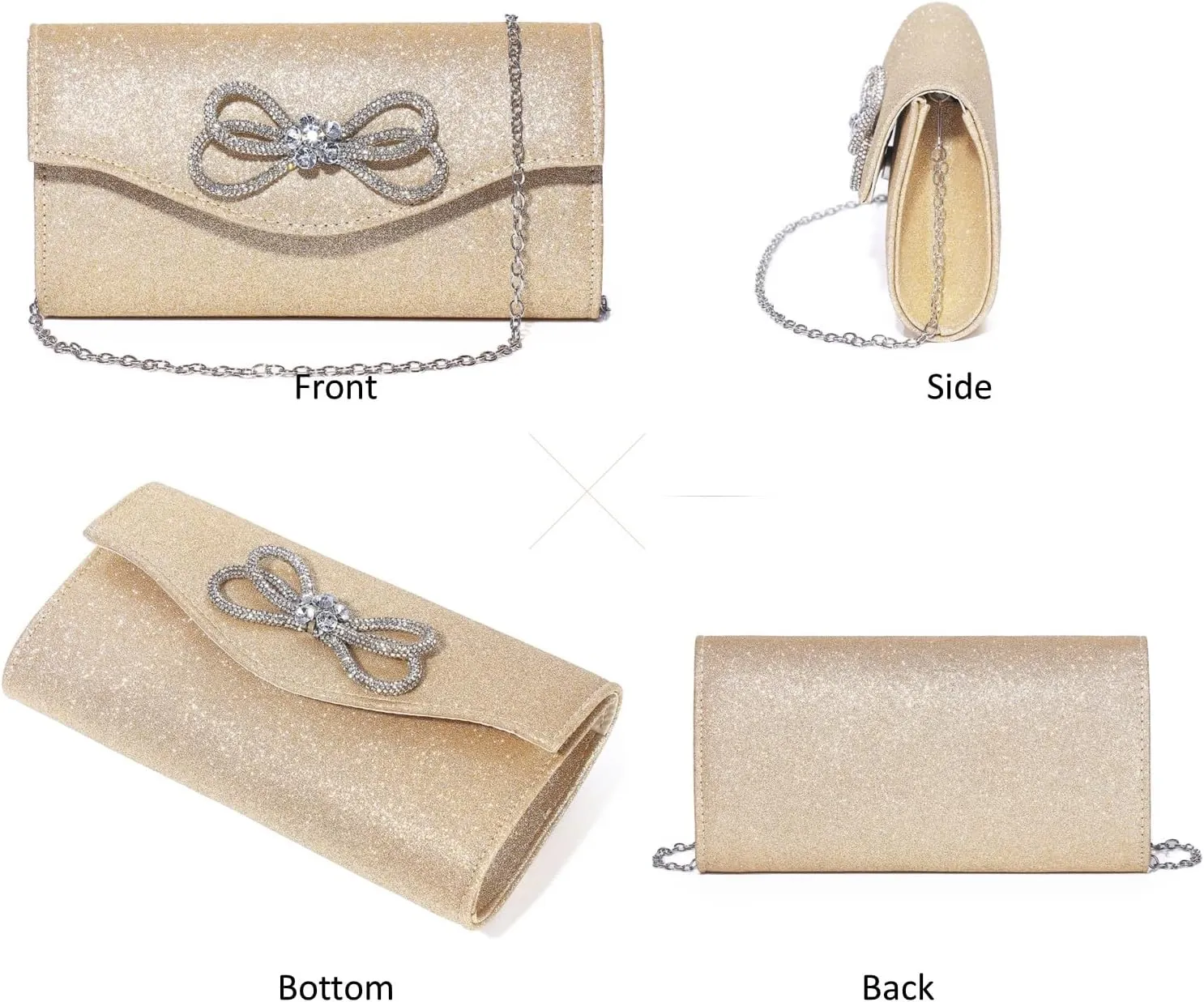 Women Evening Handbag Shiny Crystal Bow Flap Clutch Purse for Women Wedding Party Prom Purse