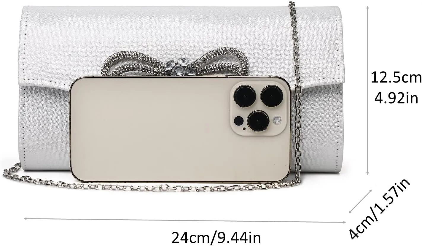 Women Evening Handbag Shiny Crystal Bow Flap Clutch Purse for Women Wedding Party Prom Purse