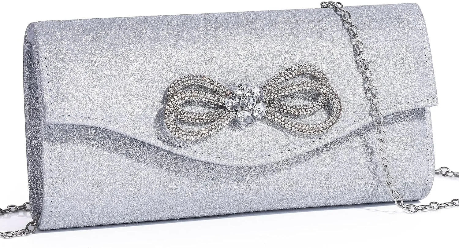 Women Evening Handbag Shiny Crystal Bow Flap Clutch Purse for Women Wedding Party Prom Purse