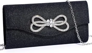Women Evening Handbag Shiny Crystal Bow Flap Clutch Purse for Women Wedding Party Prom Purse