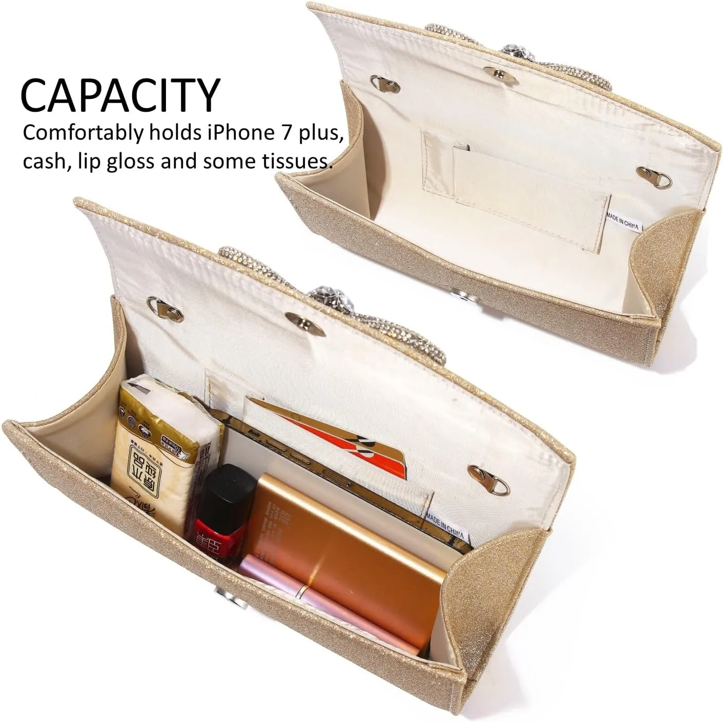 Women Evening Handbag Shiny Crystal Bow Flap Clutch Purse for Women Wedding Party Prom Purse