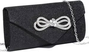 Women Evening Handbag Shiny Crystal Bow Flap Clutch Purse for Women Wedding Party Prom Purse