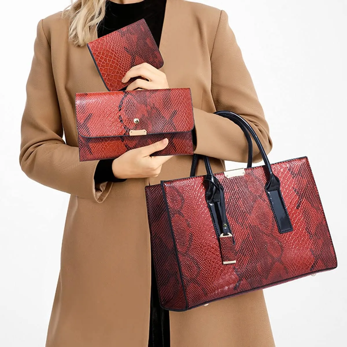 Women Fashion Handbags Snake Pattern Wallet Tote Bag Shoulder Bag Top Handle Satchel Purse Set 3pcs