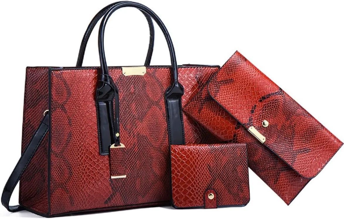 Women Fashion Handbags Snake Pattern Wallet Tote Bag Shoulder Bag Top Handle Satchel Purse Set 3pcs