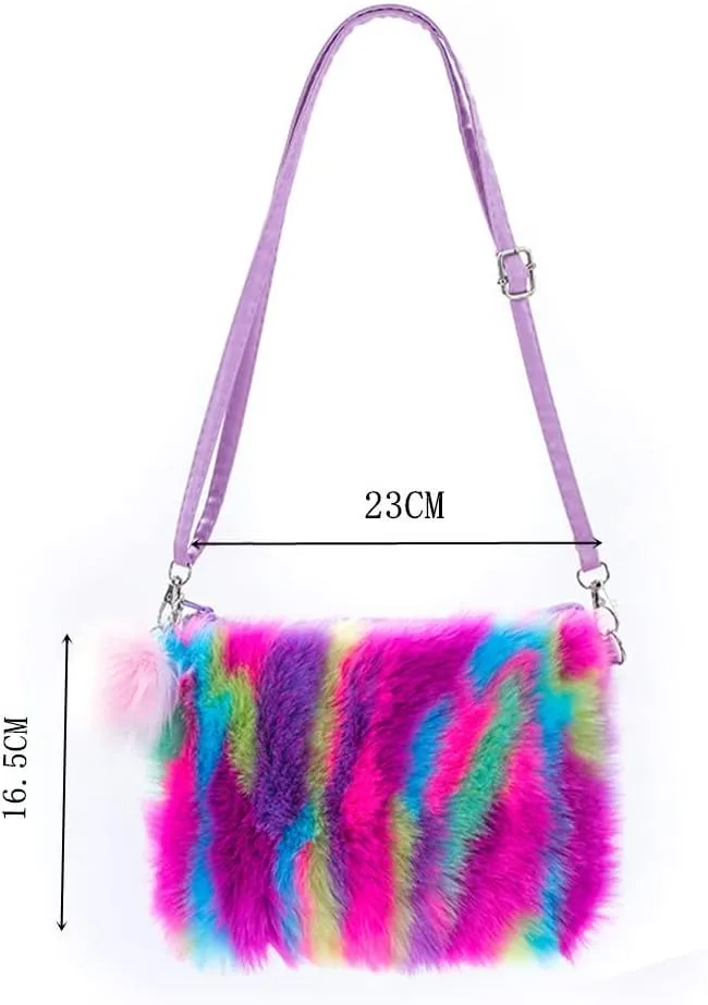 Women Girls Kids Fluffy Fuzzy Bag Plush Tie Dye Rainbow Crossbody Purse Wallet