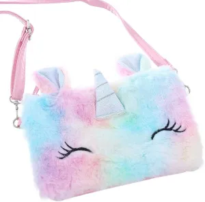 Women Girls Kids Fluffy Fuzzy Unicorn Bag Plush Tie Dye Rainbow Crossbody Purse