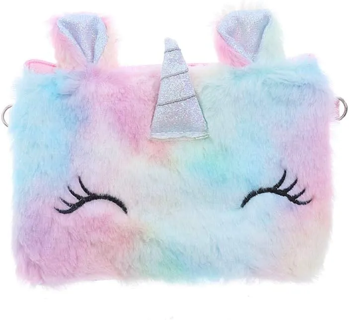 Women Girls Kids Fluffy Fuzzy Unicorn Bag Plush Tie Dye Rainbow Crossbody Purse