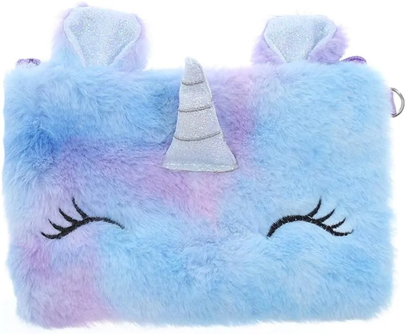 Women Girls Kids Fluffy Fuzzy Unicorn Bag Plush Tie Dye Rainbow Crossbody Purse