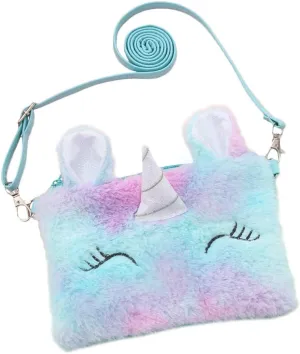 Women Girls Kids Fluffy Fuzzy Unicorn Bag Plush Tie Dye Rainbow Crossbody Purse