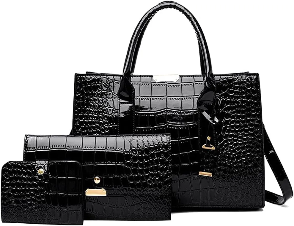 Women Handbag PU Leather Crocodile Leather Wallet Card Hold Shoulder Bag Purse 3 Pcs Set