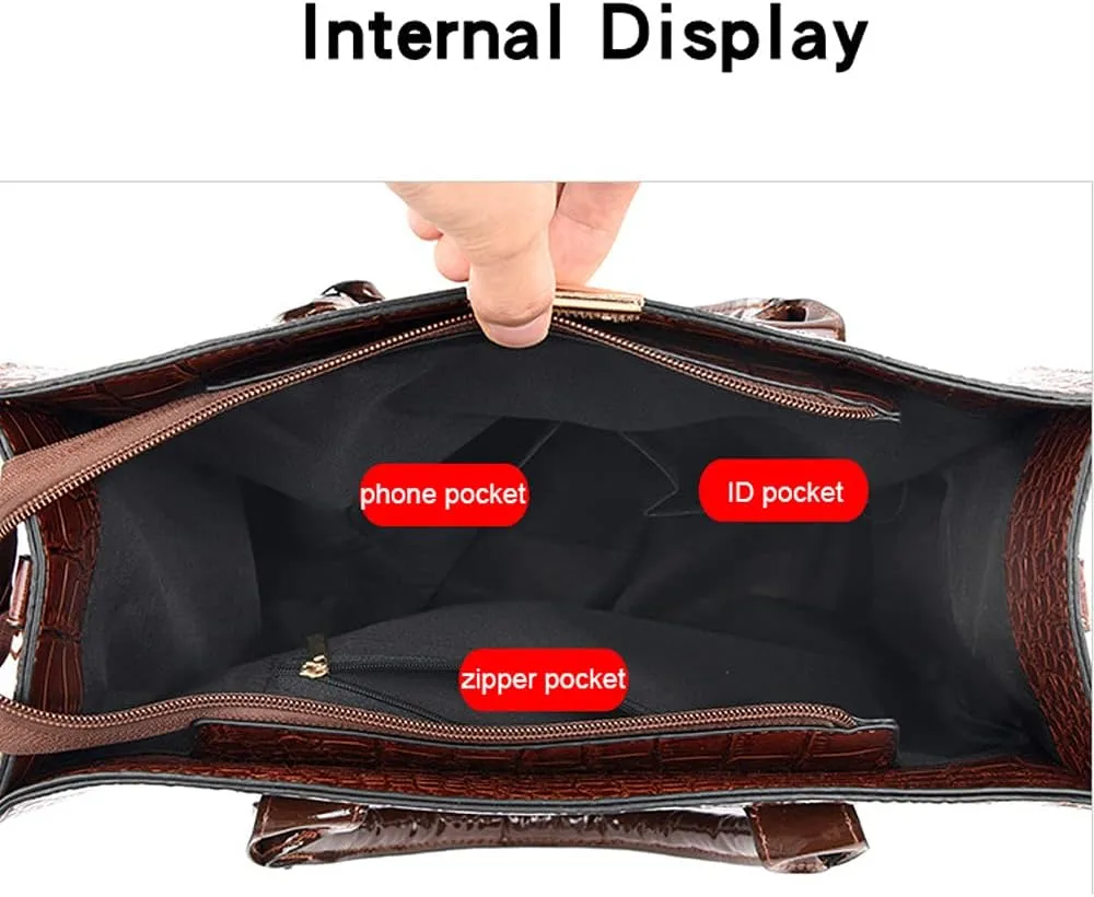Women Handbag PU Leather Crocodile Leather Wallet Card Hold Shoulder Bag Purse 3 Pcs Set