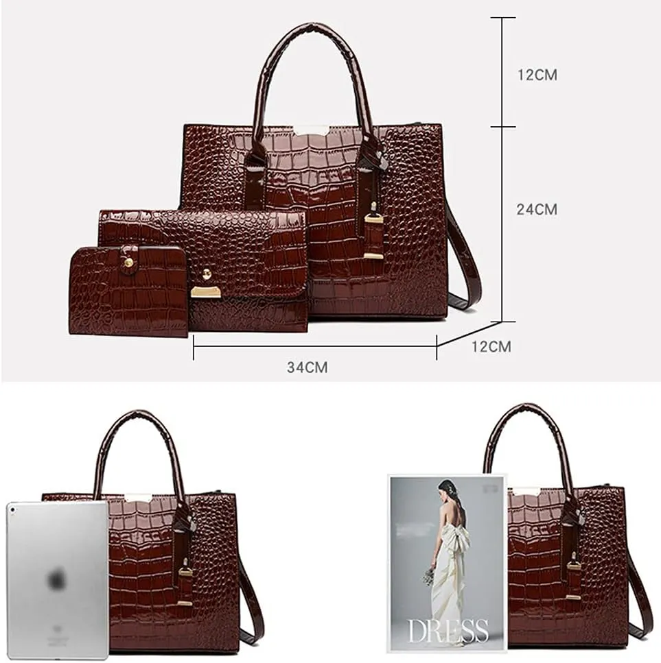 Women Handbag PU Leather Crocodile Leather Wallet Card Hold Shoulder Bag Purse 3 Pcs Set