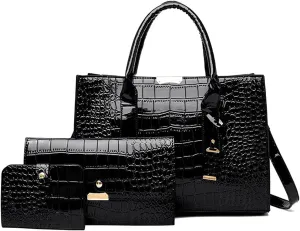Women Handbag PU Leather Crocodile Leather Wallet Card Hold Shoulder Bag Purse 3 Pcs Set