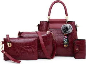 Women Handbags PU Alligator Leather Top Handle Messenger Bag Wallet Card Hold 4 Pcs Set