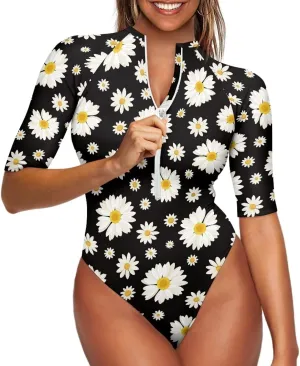 Women One Piece Print Swimsuit Tummy Control Zip Front Bathing Suit 3/4 Short Sleeve High Neck Swimwear Monokini