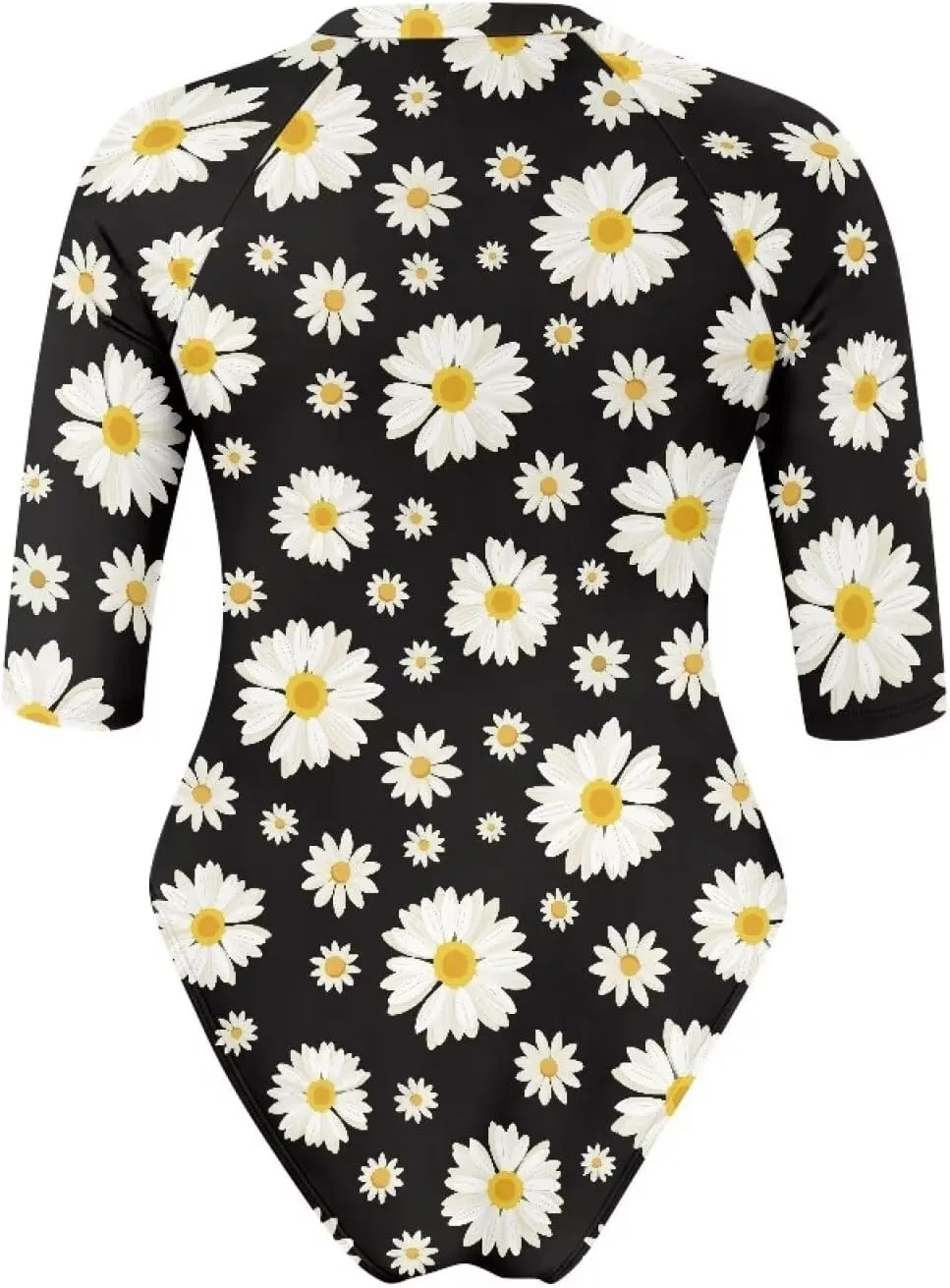 Women One Piece Print Swimsuit Tummy Control Zip Front Bathing Suit 3/4 Short Sleeve High Neck Swimwear Monokini