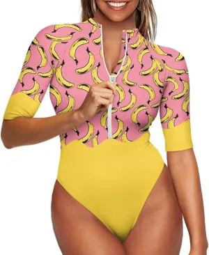 Women One Piece Print Swimsuit Tummy Control Zip Front Bathing Suit 3/4 Short Sleeve High Neck Swimwear Monokini