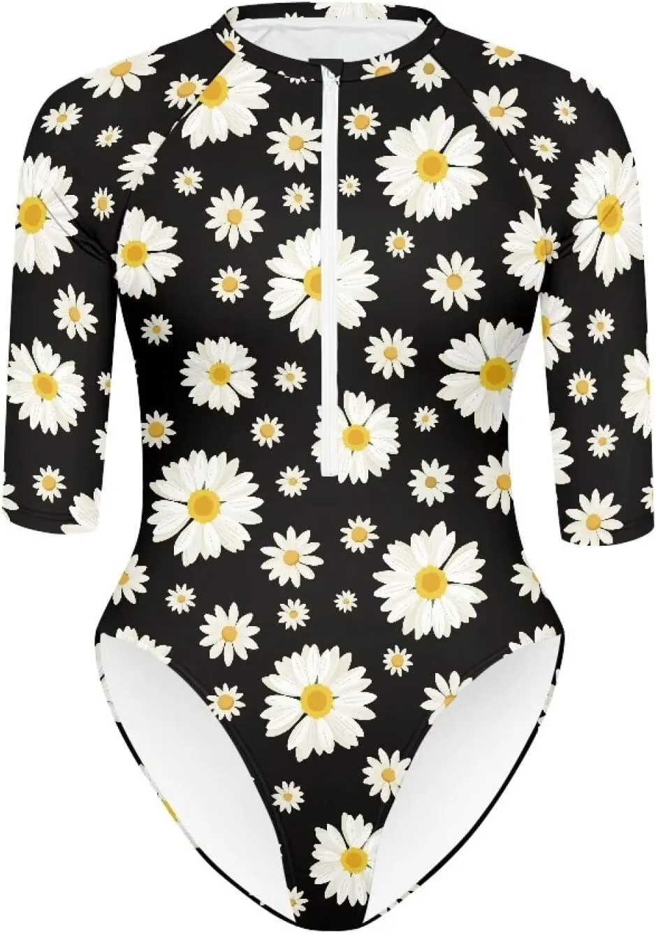 Women One Piece Print Swimsuit Tummy Control Zip Front Bathing Suit 3/4 Short Sleeve High Neck Swimwear Monokini