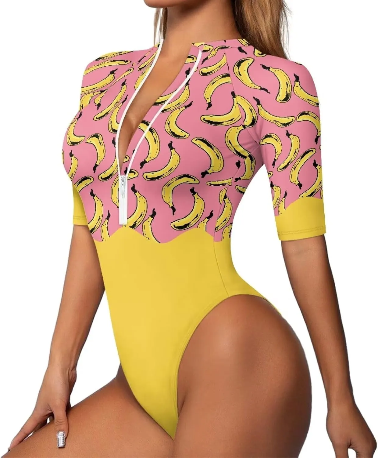 Women One Piece Print Swimsuit Tummy Control Zip Front Bathing Suit 3/4 Short Sleeve High Neck Swimwear Monokini
