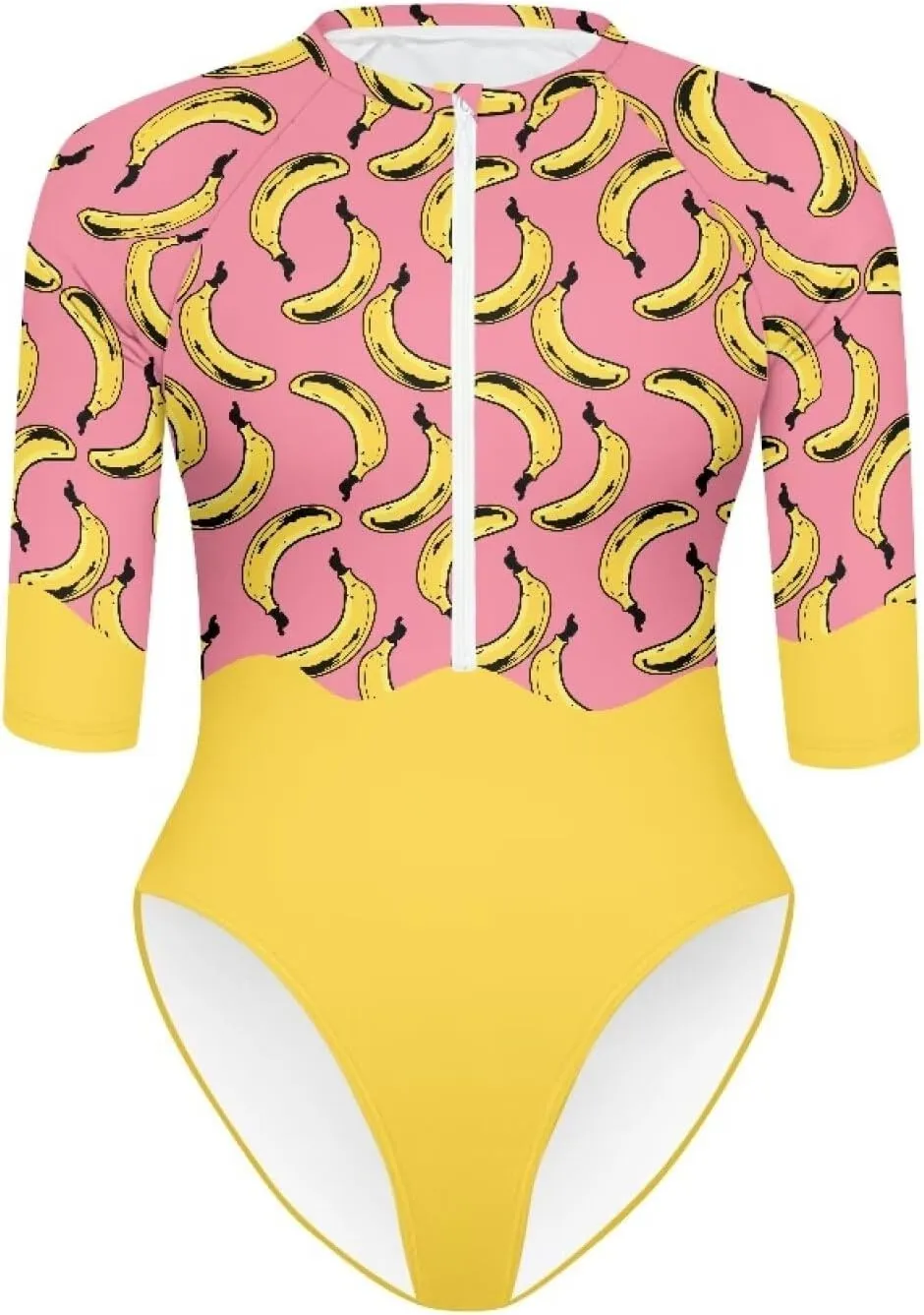 Women One Piece Print Swimsuit Tummy Control Zip Front Bathing Suit 3/4 Short Sleeve High Neck Swimwear Monokini