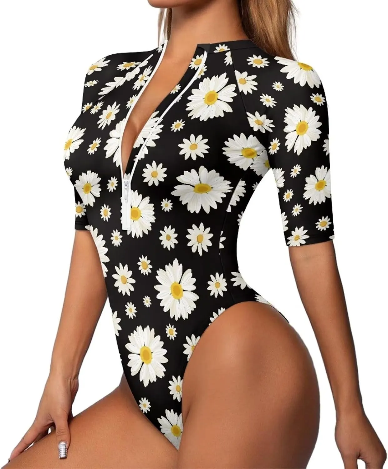 Women One Piece Print Swimsuit Tummy Control Zip Front Bathing Suit 3/4 Short Sleeve High Neck Swimwear Monokini