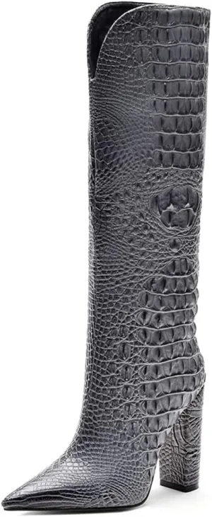 Women Pointed Toe Embossed Knee High Boots Block Heel Western Boot Thigh High Chunky Heel Shoes