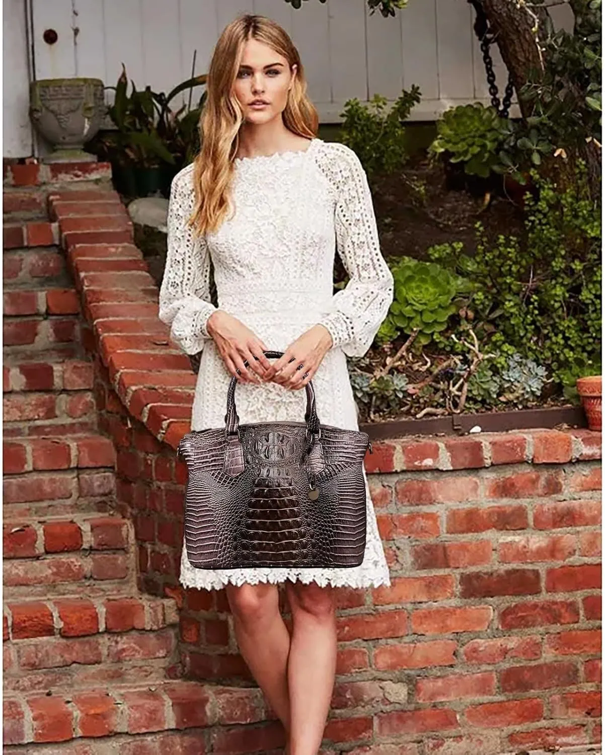 Women Purse Vegan Leather Crocodile-Embossed Pattern With Removable Shoulder Strap Top Handle Large Shoulder Bags