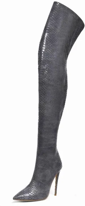Women Sexy Snake Skin Printed Over the Knee Stiletto Boots Pointed Toe Embossed High Heel Shoes