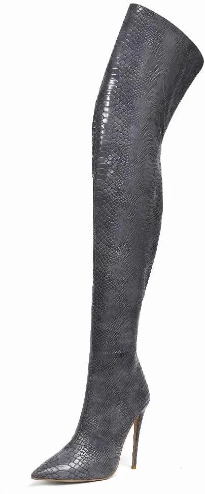 Women Sexy Snake Skin Printed Over the Knee Stiletto Boots Pointed Toe Embossed High Heel Shoes