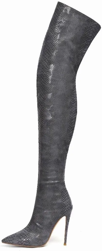 Women Sexy Snake Skin Printed Over the Knee Stiletto Boots Pointed Toe Embossed High Heel Shoes