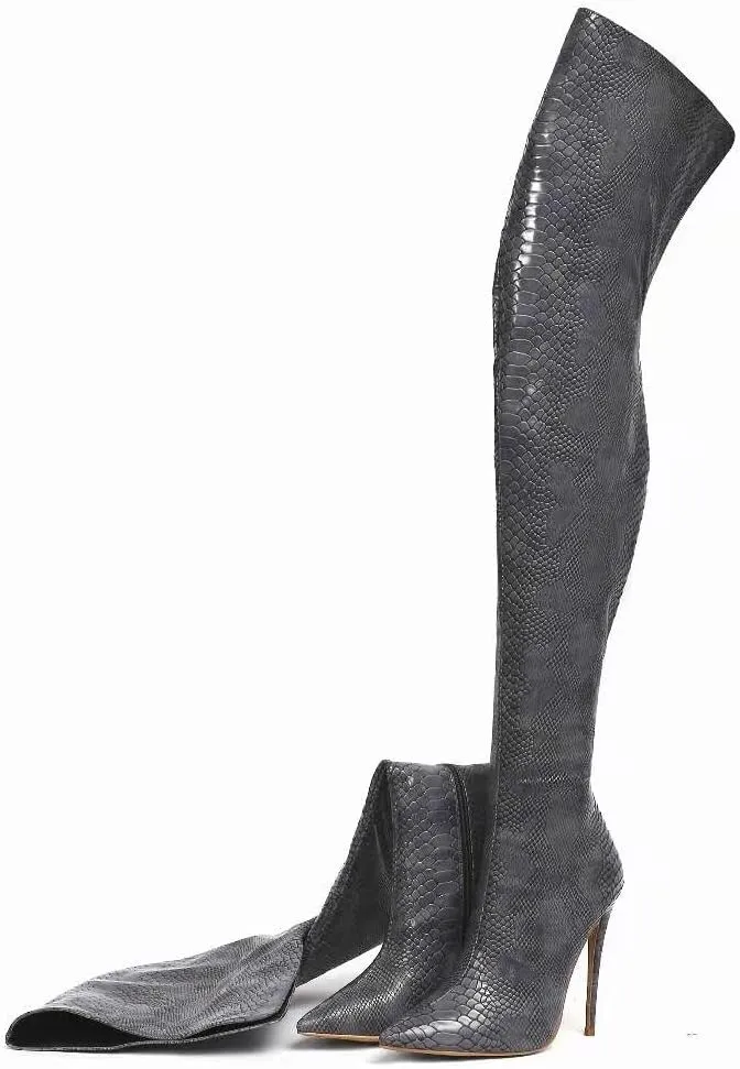 Women Sexy Snake Skin Printed Over the Knee Stiletto Boots Pointed Toe Embossed High Heel Shoes