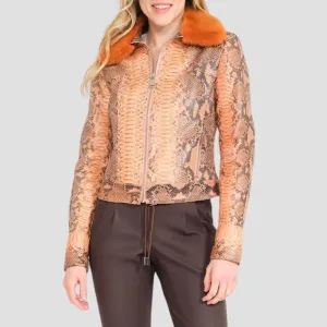 Women Snake Skin Pattern Fur Collar Jacket For Urban Fashion