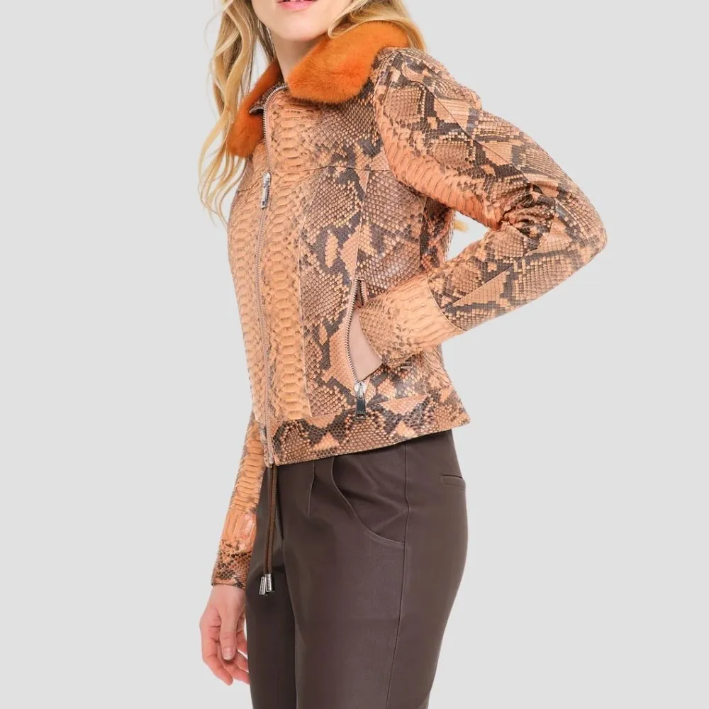 Women Snake Skin Pattern Fur Collar Jacket For Urban Fashion