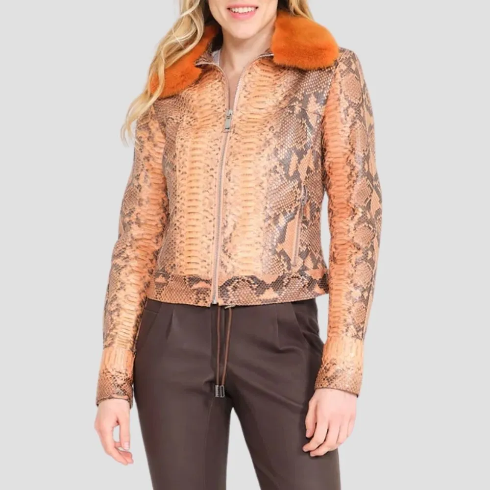 Women Snake Skin Pattern Fur Collar Jacket For Urban Fashion