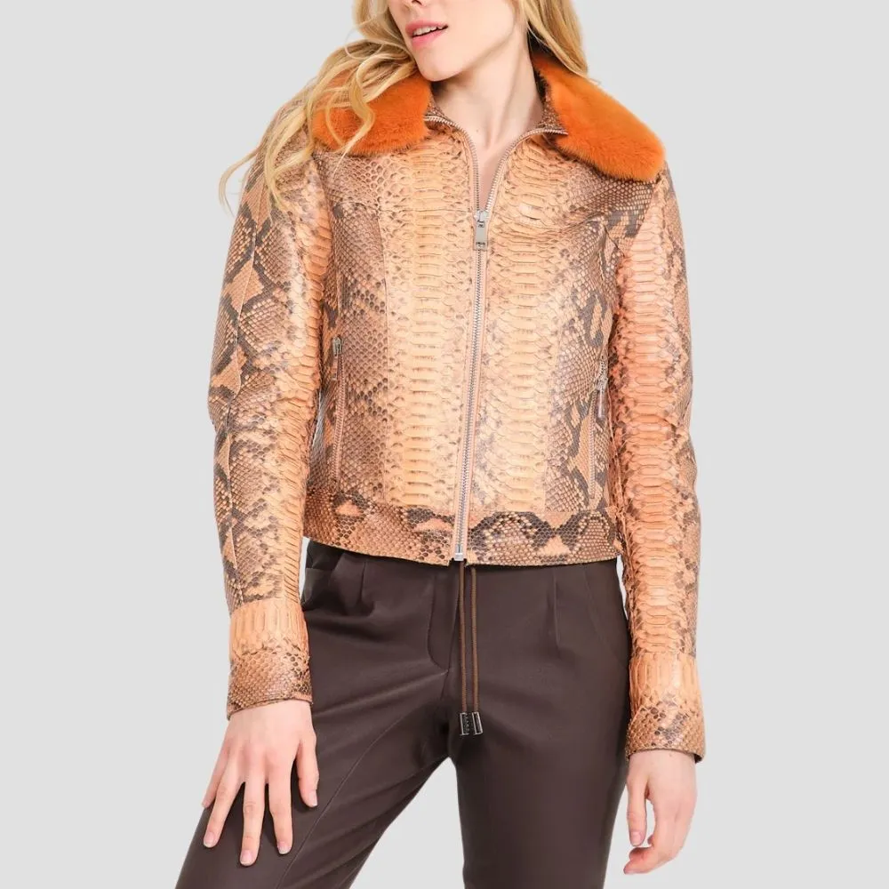 Women Snake Skin Pattern Fur Collar Jacket For Urban Fashion